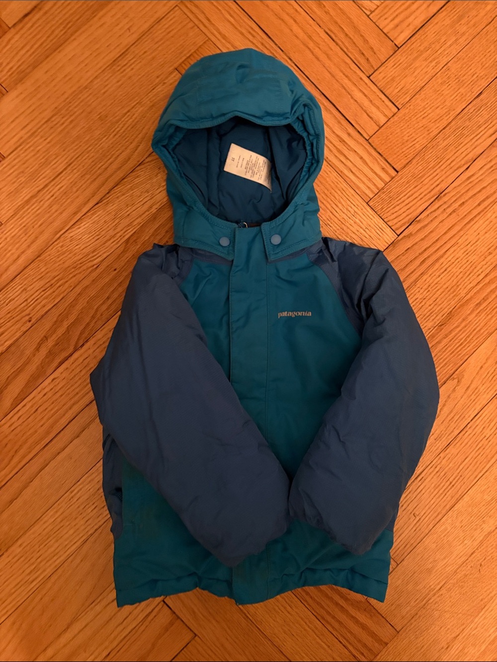 Patagonia Kids Teal and Navy Hooded Puffer Jacket